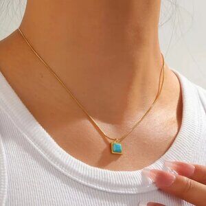 14K Gold Womens Small Square Turquoise Pendant Necklace New 14 K Silver Jewelry